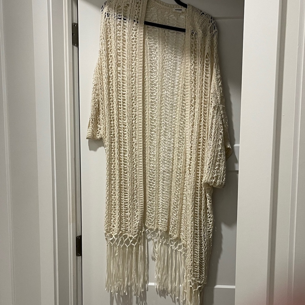 Garage Ivory Open-Knit Fringe Cardigan